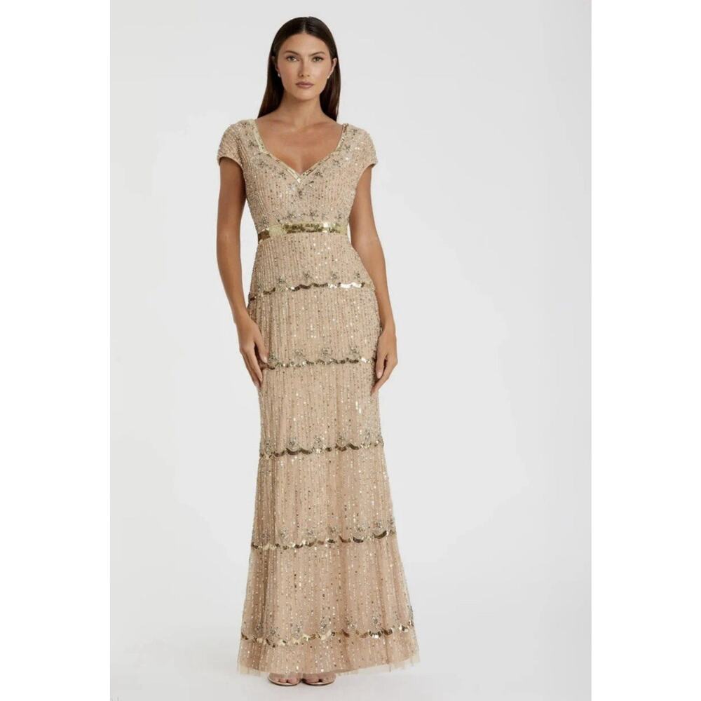 Mac Duggal Gold Sequin Tiered V-Neck Evening Gown